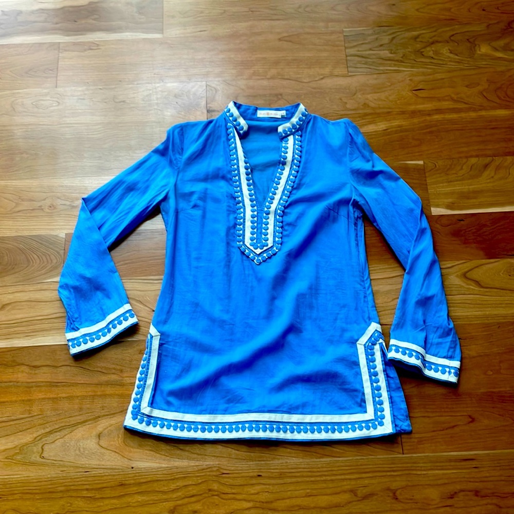 Tory Burch Royal Blue Tunic Coverup with White Trim